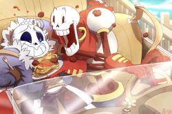 Rule 34 | 2boys, :d, armor, blue eyes, blue sky, bone, building, car, clenched teeth, cloud, day, driving, flower, flower pot, flowey (undertale), food, fork, fur trim, gloves, hand on own head, happy, holding, holding food, hollow eyes, hood, hooded jacket, hoodie, jacket, male focus, meatball, motor vehicle, multiple boys, nervous, nervous smile, open clothes, open jacket, open mouth, outdoors, papyrus (undertale), pasta, red gloves, red scarf, sans (undertale), scarf, seatbelt, shorts, signature, skeleton, sky, smile, spaghetti, spaghetti and meatballs, steering wheel, sweatdrop, teeth, toon (style), undertale, unzipped, vehicle, walkingmelonsaaa, wide-eyed, yamsgarden, zipper