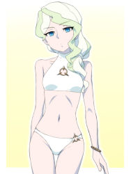 Rule 34 | 1girl, bikini, blonde hair, blue eyes, border, breasts, closed mouth, collarbone, diana cavendish, gradient background, groin, little witch academia, looking at viewer, navel, ponytail, satochi, simple background, small breasts, solo, standing, swimsuit, white bikini, white border, yellow background