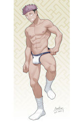 Rule 34 | 1boy, abs, alternate pectoral size, bulge, chrisanother, itadori yuuji, jockstrap, male focus, male underwear, male underwear pull, muscular, muscular male, navel, nipples, pectorals, pink hair, pulling own clothes, short hair, sideburns, smile, socks, solo, spiked hair, stomach, thighs, undercut, underwear, underwear only, white male underwear