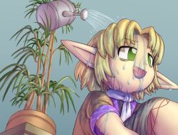 Rule 34 | 1girl, :d, black skirt, blonde hair, blue background, brown shirt, commentary request, cookie (touhou), drddrddo, feet out of frame, green eyes, joker (cookie), looking afar, medium bangs, mizuhashi parsee, open mouth, parted bangs, plant, pointy ears, potted plant, scarf, shirt, short hair, simple background, sitting, skirt, smile, solo, touhou, water, watering, watering can, white scarf