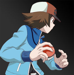 Rule 34 | 1boy, baseball cap, belt buckle, black shirt, blue jacket, brown eyes, brown hair, buckle, closed mouth, commentary request, creatures (company), frown, game freak, hat, hilbert (pokemon), holding, holding poke ball, jacket, long sleeves, male focus, nintendo, poke ball, poke ball (basic), poke ball symbol, pokemon, pokemon bw, shirt, short hair, solo, toshiharu (s narutoshi), upper body, zipper pull tab
