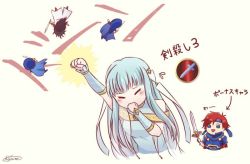 Rule 34 | 1girl, armor, bare shoulders, blue eyes, blue hair, cape, chibi, dress, closed eyes, fire emblem, fire emblem: genealogy of the holy war, fire emblem: the binding blade, fire emblem: the blazing blade, fire emblem fates, fire emblem heroes, hair ornament, kazame, long hair, mother and son, ninian, nintendo, open mouth, red eyes, red hair, roy (fire emblem), ryoma (fire emblem), short hair, silver hair, smile, sword, weapon