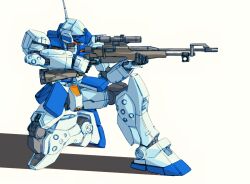 aiming assault_visor battle commentary_request gm_sniper_ii gun gundam gundam_0080 kneeling machinery mecha mecha_focus mobile_suit no_humans radio_antenna rifle robot science_fiction scope shadow sniper_rifle user_kej2948 weapon white_background