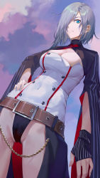 Rule 34 | 1girl, absurdres, belt, breasts, buttons, chaps, cleavage, cleavage cutout, clothing cutout, coat, covered navel, double-breasted, fingerless gloves, from below, girls&#039; frontline, gloves, green eyes, grey hair, hair over one eye, hand on own hip, highres, long sleeves, mg5 (girls&#039; frontline), ren huozhe, short hair, slit pupils, taut clothes
