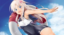 Rule 34 | 1girl, armpits, bad id, bad pixiv id, blue eyes, blue sky, cloud, commentary request, covered navel, day, flower, hair flower, hair ornament, hcci pcci, highres, kantai collection, long hair, looking at viewer, one-piece swimsuit, open mouth, outstretched arm, ro-500 (kancolle), silver hair, sky, solo, swimsuit, tan, tanline