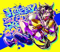 Rule 34 | 1girl, air shakur (umamusume), animal ears, black hair, black nails, constricted pupils, eyebrow piercing, full body, graffiti, happy birthday, high tops, highres, horse ears, horse girl, horse tail, jewelry, looking at viewer, maruwa, nail polish, hugging object, open mouth, piercing, ring, sharp teeth, shirt, shoes, shorts, sleeveless, sleeveless shirt, sneakers, solo, tail, teeth, thigh strap, tongue, tongue out, trophy, umamusume, upper teeth only, w, white shorts, wristband, yellow eyes, yellow shirt