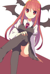 Rule 34 | 1girl, bat wings, black skirt, black thighhighs, black vest, breasts, busujima (kusahana), closed mouth, collared shirt, crossed legs, dutch angle, feet out of frame, hair between eyes, hand on own knee, head wings, highres, juliet sleeves, koakuma, light smile, long sleeves, looking at viewer, miniskirt, necktie, one-hour drawing challenge, pleated skirt, puffy sleeves, red background, red eyes, red hair, red necktie, shirt, skirt, small breasts, solo, thighhighs, thighs, touhou, vest, white background, white shirt, wings, zettai ryouiki