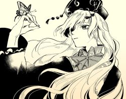 Rule 34 | 1girl, bad id, bad twitter id, bug, butterfly, chinese clothes, greyscale, hat, hichiko, bug, junko (touhou), long hair, long sleeves, monochrome, sash, solo, tabard, touhou, wide sleeves