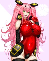 Rule 34 | 1girl, arm behind back, black thighhighs, bodysuit, breasts, commentary request, covered collarbone, covered navel, cowboy shot, elbow gloves, from side, genderswap, genderswap (mtf), gloves, green eyes, gundam, hair between eyes, halterneck, haro, highres, ill (0022), large breasts, leotard, long hair, looking at viewer, original, personification, pink hair, purple background, red leotard, skin tight, skindentation, solo, standing, strapless, strapless leotard, thighhighs, thighs, twintails, v-shaped eyebrows, very long hair, white background