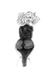 Rule 34 | 1girl, ahoge, ass, ass shake, bad id, bad pixiv id, cowboy shot, curly hair, dress, greyscale, impossible clothes, impossible dress, kneepits, leaning back, looking at viewer, looking back, monochrome, one-punch man, short hair, side slit, skin tight, solo, tatsumaki