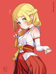 Rule 34 | 1girl, bare shoulders, blonde hair, blush, braid, commentary request, cosplay, creatures (company), detached sleeves, eyelashes, flying sweatdrops, from side, game freak, green eyes, hakama, hand up, highres, japanese clothes, kimono, kinocopro, lillie (pokemon), long hair, looking at viewer, nintendo, pokemon, pokemon masters ex, pokemon sm, red hakama, sabrina (new year&#039;s 2022) (pokemon), sabrina (new year&#039;s 2022) (pokemon) (cosplay), sabrina (pokemon), sabrina (pokemon) (cosplay), sash, solo, twitter username, watermark, white kimono, white sash