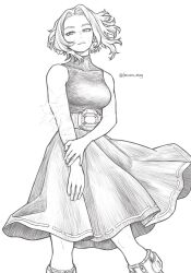 Rule 34 | 1girl, bare shoulders, belt, belt buckle, boku no hero academia, breasts, buckle, collarbone, dress, feet out of frame, hatching (texture), horikoshi kouhei (style), imoan atag, lady nagant, large breasts, legs apart, light smile, linear hatching, medium skirt, monochrome, open mouth, own hands together, scar, scar on arm, sidelocks, simple background, skirt, sleeveless, sleeveless dress, sleeveless turtleneck, sleeveless turtleneck dress, solo, standing, turtleneck, twitter username, utility belt, white background, zipper footwear