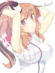 Rule 34 | 10s, 1girl, :o, absurdres, armpits, arms behind head, arms up, artist name, blue eyes, breasts, brown hair, highres, kantai collection, large breasts, looking at viewer, racer (magnet), saratoga (kancolle), side ponytail, signature, solo, white background