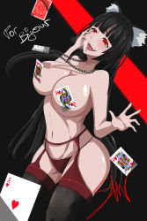Rule 34 | 1girl, absurdres, ace (playing card), ace of hearts, animal ears, black hair, black thighhighs, blunt bangs, blush, breasts, card, cat ears, chain, convenient censoring, cowboy shot, dedicatory, garter belt, garter straps, heart, highres, hime cut, id card, jabami yumeko, jack (playing card), jack of hearts, kakegurui, king (playing card), king of hearts, king of hearts (playing card), kowatsu no break, lanyard, large breasts, long hair, navel, open mouth, panties, panties over garter straps, playing card, queen (playing card), queen of hearts (alice in wonderland), queen of hearts (playing card), red eyes, saliva, solo, standing, thighhighs, thighs, topless, underwear, very long hair