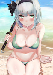 Rule 34 | 1girl, absurdres, ajirou, bare arms, bare shoulders, beach, bikini, black hairband, blush, breasts, cleavage, closed mouth, collarbone, green bikini, green eyes, hair ribbon, hairband, highres, holding, holding sword, holding weapon, katana, konpaku youmu, large breasts, light smile, looking at viewer, outdoors, ribbon, short hair, silver hair, sitting, solo, striped bikini, striped clothes, summer, swimsuit, sword, touhou, weapon