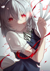 Rule 34 | 1girl, absurdres, ambiguous red liquid, blue vest, braid, collared shirt, commentary request, crossed bangs, green ribbon, grey hair, highres, holding, holding knife, izayoi sakuya, knife, long hair, looking at viewer, maid headdress, mochi194745, neck ribbon, parted lips, puffy short sleeves, puffy sleeves, red eyes, ribbon, shirt, short sleeves, solo, touhou, twin braids, upper body, vest, white shirt