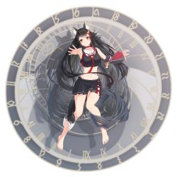 Rule 34 | 1girl, absurdly long hair, analog clock, animal ears, arm support, bad id, bad pixiv id, barefoot, bell, black hair, brown eyes, choker, clock, crop top, detached sleeves, dial, full body, hair ornament, highres, hololive, jingle bell, legs, long hair, looking at viewer, miniskirt, multicolored hair, navel, ookami mio, ookami mio (1st costume), outstretched arm, qiongyouu dayo, red choker, rope, round image, runes, sailor collar, shadow, shimenawa, skirt, smile, solo, streaked hair, tail, tail around own leg, tail wrap, tassel, very long hair, virtual youtuber, wolf ears, wolf tail, zodiac