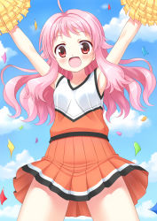 Rule 34 | 10s, 1girl, :d, \o/, ahoge, anima yell!, armpits, arms up, bare arms, bare shoulders, blue sky, blush, breasts, cheerleader, cloud, collarbone, commentary request, confetti, day, hatoya kohane, highres, hinata keiichi, holding, long hair, looking at viewer, open mouth, orange skirt, outdoors, outstretched arms, pink hair, pleated skirt, pom pom (cheerleading), red eyes, skirt, sky, small breasts, smile, solo, tank top