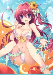 Rule 34 | 1girl, absurdres, bare shoulders, bikini, blush, bracelet, breasts, cherry, cleavage, collarbone, fingernails, flower, food, fruit, hair flower, hair ornament, hibiscus, highres, jewelry, large breasts, long hair, looking at viewer, multicolored nails, nail polish, nanaroba hana, navel, open mouth, orange (fruit), orange slice, original, outstretched hand, purple eyes, red hair, scan, scrunchie, shiny skin, sitting, smile, solo, sparkle, stomach, swimsuit, thigh strap, v, water, water drop
