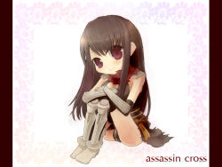 Rule 34 | 1girl, armor, armored boots, assassin cross (ragnarok online), aura (a440), black cape, black gloves, black leotard, black socks, blush, boots, breasts, brown hair, cape, character name, cleavage, closed mouth, commentary request, elbow gloves, eyes visible through hair, full body, gloves, hair between eyes, high heel boots, high heels, hugging own legs, kneehighs, leotard, long hair, looking at viewer, medium breasts, pauldrons, pillarboxed, ragnarok online, red eyes, red scarf, scarf, shoulder armor, smile, socks, solo, torn cape, torn clothes, torn scarf, vambraces, waist cape