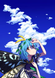 Rule 34 | 1girl, absurdres, aqua hair, bad anatomy, bad arm, bad hands, blush, butterfly wings, day, dress, eternity larva, fairy, flower, green dress, hair between eyes, highres, insect wings, multicolored clothes, multicolored dress, orange eyes, parted lips, short hair, short sleeves, solo, touhou, upper body, uzumibi, white flower, wings