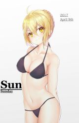Rule 34 | 1girl, 2017, ahoge, arms behind back, artoria pendragon (all), artoria pendragon (alter swimsuit rider) (fate), artoria pendragon (fate), bad id, bad pixiv id, bare arms, bare shoulders, bikini, black bikini, blonde hair, braid, breasts, cleavage, closed mouth, collarbone, contrapposto, cowboy shot, dated, ellenprince181, eyelashes, fate/grand order, fate/stay night, fate (series), french braid, groin, hair between eyes, hair bun, halterneck, highres, legs together, looking at viewer, medium breasts, navel, saber alter, short hair, sidelocks, single hair bun, solo, standing, stomach, strap gap, swimsuit, yellow eyes