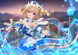 Rule 34 | 1girl, ainy, armpits, barbara (genshin impact), bare shoulders, blonde hair, blue bow, blue eyes, blue gemstone, blue hat, blurry, blurry background, blush, book, bow, breasts, detached collar, detached sleeves, dress, evening, gem, genshin impact, gradient sky, hair between eyes, hair ornament, hands up, hat, house, long hair, long sleeves, looking at viewer, medium breasts, open mouth, outdoors, pantyhose, pink sky, purple sky, sky, smile, solo, standing, town, twintails, two-tone bow, vision (genshin impact), white dress, white hat, white pantyhose