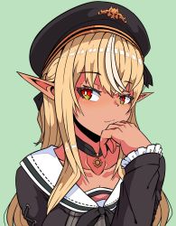Rule 34 | 1girl, aikohgin, beret, black choker, blonde hair, bright pupils, choker, closed mouth, collarbone, dark-skinned female, dark skin, elf, emblem, fingernails, frilled sleeves, frills, green background, hand on own chin, hat, hat ribbon, highres, hololive, light smile, lips, long hair, looking at viewer, multicolored hair, pendant choker, pointy ears, red eyes, ribbon, sailor collar, school uniform, shiranui flare, shiranui flare (street), sidelocks, simple background, solo, streaked hair, tsurime, upper body, virtual youtuber, white pupils