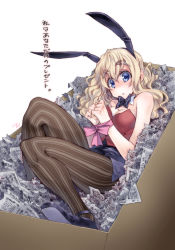Rule 34 | 1girl, animal ears, bare shoulders, black pantyhose, blonde hair, blue eyes, bow, bowtie, box, breasts, cleavage, cuffs, detached collar, fake animal ears, handcuffs, highres, in box, in container, k-on!, kotobuki tsumugi, leotard, long hair, looking at viewer, newspaper, pantyhose, playboy bunny, rabbit ears, restrained, simple background, solo, striped clothes, striped pantyhose, takanashi ringo, translation request, vertical-striped clothes, vertical-striped pantyhose, white background