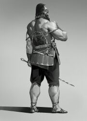 Rule 34 | 1boy, bara, bare back, bare shoulders, beard, calf, costume request, facial hair, facing away, from below, full body, greco-roman clothes, greyscale, highres, holding, holding sword, holding weapon, long beard, male focus, monochrome, muscular, muscular male, original, roman clothes, solo, standing, sword, tooboshoo, weapon, weapon request