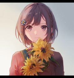 Rule 34 | 1girl, braid, brown eyes, brown hair, closed mouth, commentary, dress, expressionless, flower, grey background, hair flower, hair ornament, highres, holding, holding flower, kuuhaku no canvas ni egaku watashi wa (project sekai), letterboxed, long sleeves, looking at viewer, nanameni, portrait, project sekai, red dress, shinonome ena, short hair, solo, sunflower, vietnamese dress, yellow flower