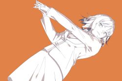 Rule 34 | 1girl, cowboy shot, dutch angle, from below, headphones, jacket, ksnnw k, long sleeves, monochrome, orange background, outstretched arms, parted lips, pencil skirt, short hair, simple background, skirt, solo, suwa squad&#039;s uniform, ui madoka, uniform, world trigger