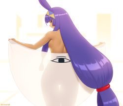Rule 34 | 1girl, animal ears, back, backboob, blunt bangs, breasts, closed eyes, closed mouth, comic, commentary, cowboy shot, dark-skinned female, dark skin, english commentary, facepaint, fate/grand order, fate (series), from behind, hairband, holding, holding towel, kuroonehalf, long hair, looking at viewer, looking back, low-tied long hair, medium breasts, medjed (fate), nitocris (fate), nitocris (fate/grand order), nitocris (swimsuit assassin) (fate), nude, profile, purple eyes, purple hair, see-through silhouette, smile, solo, standing, thigh gap, towel, two-tone hairband, very long hair, white background