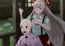 Rule 34 | 2girls, :d, absurdres, ahoge, bald, bald girl, bow, collared shirt, comb, commentary, cutting hair, empty eyes, english commentary, false smile, fujiwara no mokou, grass, grey hair, hair bow, highres, holding, holding comb, holding scissors, houraisan kaguya, long hair, multiple girls, muzilana, ofuda, ofuda on clothes, open mouth, pants, railing, red eyes, red pants, scissors, severed hair, shirt, smile, suspenders, torn clothes, torn sleeves, touhou, white bow, white shirt
