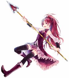 Rule 34 | 1girl, :d, black ribbon, black thighhighs, boots, detached sleeves, hair ribbon, high ponytail, holding, holding polearm, holding spear, holding weapon, knee boots, leg up, long sleeves, mahou shoujo madoka magica, mahou shoujo madoka magica (anime), miniskirt, open mouth, pink skirt, pink sleeves, pleated skirt, polearm, red eyes, red footwear, red hair, ribbon, sakura kyoko, simple background, skirt, smile, solo, spear, thighhighs, washi (micino), weapon, white background, zettai ryouiki