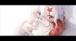 Rule 34 | 1boy, allen walker, blue eyes, closed mouth, d.gray-man, facial mark, fukuzawa yukichi (egoist867), glasses, heterochromia, highres, letterboxed, long sleeves, male focus, portrait, red eyes, short hair, silver hair, simple background, smile, solo, white background