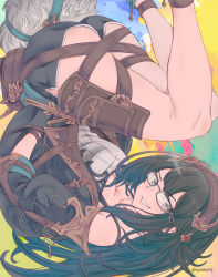 Rule 34 | 1girl, ass, black-framed eyewear, black hair, black shorts, blue eyes, breasts, cleavage, ear piercing, glasses, granblue fantasy, grin, hair ornament, hairband, illnott (granblue fantasy), jewelry, long hair, looking at viewer, necklace, off shoulder, piercing, short shorts, shorts, smile, solo, tail, upside-down, vinhnyu