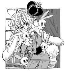 Rule 34 | 1girl, androgynous, animal, animal ears, animal on shoulder, border, closed mouth, cowboy shot, crown, curtains, epaulettes, floppy ears, greyscale, hair between eyes, holding, holding animal, jacket, leaning forward, long sleeves, looking at viewer, meremero, monochrome, original, pants, rabbit, rabbit ears, rabbit girl, rabbit tail, short hair, smile, solo, standing, tail, too many, too many rabbits, window