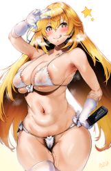 Rule 34 | 1girl, :q, absurdres, areola slip, armpits, bad id, bad pixiv id, bikini, blonde hair, blush, breasts, cameltoe, cleavage, cleft of venus, controller, covered erect nipples, drooling, excessive pubic hair, female pubic hair, gloves, hair between eyes, hand on own hip, hero neisan, highres, huge filesize, long hair, looking at viewer, micro bikini, navel, pubic hair, pussy juice, remote control, shokuhou misaki, simple background, smile, solo, star-shaped pupils, star (symbol), sweat, swimsuit, symbol-shaped pupils, thighhighs, toaru kagaku no railgun, toaru majutsu no index, tongue, tongue out, very long hair, w, white background, white bikini, white gloves
