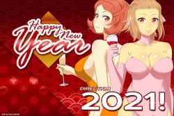 Rule 34 | 2021, 2girls, alcohol, breasts, brown hair, challengia, champagne flute, cleavage, cup, dress, drinking glass, faychan, gloves, hair ornament, large breasts, long hair, looking at viewer, multiple girls, nchans, nchans style, new year, official art, open mouth, orange dress, orange eyes, orange hair, orcaleon, pink dress, red eyes, short hair, sideboob, simple background, sylchan, text focus, wine, wine glass