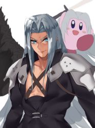 Rule 34 | 2boys, bare pectorals, black eyes, black wings, blue eyes, blush, blush stickers, borrowed hairstyle, chest harness, cosplay, feathered wings, final fantasy, final fantasy vii, harness, holding, holding weapon, kirby, kirby (series), kuavera, looking at viewer, male focus, masamune (ff7), multiple boys, nintendo, pectorals, sephiroth, sephiroth (cosplay), silver hair, single wing, sketch, super smash bros., sword, weapon, wings