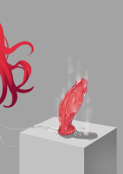 Rule 34 | after masturbation, dildo, dildo reveal, grey background, highres, huge dildo, original, pussy juice, pussy juice trail, red hair, sex toy, simple background, solo, stormcow