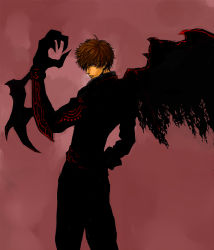 Rule 34 | 1boy, absurdres, arm blade, blade, brown hair, claw (weapon), closed mouth, gumorugensui, hand in pocket, highres, looking at viewer, looking back, male focus, red eyes, shadow hearts, silhouette, single wing, smile, solo, torn, torn wings, weapon, wings, yuri hyuga