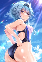 Rule 34 | 1girl, ass, ass focus, back cutout, black hairband, blue hair, blue sky, blush, breasts, clothing cutout, competition swimsuit, day, eula (genshin impact), genshin impact, hair ornament, hairband, highres, large breasts, looking at viewer, looking back, medium hair, one-piece swimsuit, outdoors, purple eyes, sidelocks, sky, solo, swimsuit, thighs, tomo (tmtm mf mf)