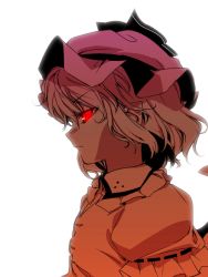 Rule 34 | 1girl, bad id, bad pixiv id, female focus, frown, glowing, glowing eyes, hat, profile, red eyes, remilia scarlet, serious, short hair, simple background, solo, tonbi, touhou, upper body