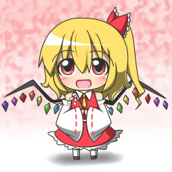 Rule 34 | 1girl, :d, bare shoulders, blonde hair, blush, bobby socks, bow, chibi, cosplay, detached sleeves, feiton, female focus, flandre scarlet, gohei, hair bow, hakurei reimu, hakurei reimu (cosplay), long sleeves, looking at viewer, necktie, open mouth, own hands together, pink background, red eyes, ribbon, shadow, short hair, side ponytail, skirt, smile, socks, solo, touhou, vest, white socks, wide sleeves, wings