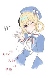 Rule 34 | 1girl, absurdres, beret, blonde hair, blue capelet, blue hat, blue skirt, blush, braid, braided hair rings, capelet, closed mouth, collared shirt, dress shirt, hair between eyes, hair rings, hat, head tilt, highres, long hair, looking at viewer, one eye closed, original, puffy short sleeves, puffy sleeves, purple eyes, shirt, short sleeves, simple background, skirt, solo, syhan, twin braids, white background, white shirt