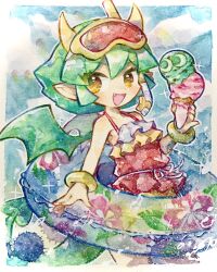 Rule 34 | 1girl, bracelet, doradorakingyo, double scoop, draco centauros, dragon girl, dragon tail, eyelashes, fang, food, green hair, green wings, highres, holding, holding ice cream cone, horns, ice cream, ice cream cone, innertube, jewelry, looking at viewer, nail polish, official alternate costume, open mouth, outline, pointy ears, puyo (puyopuyo), puyopuyo, puyopuyo quest, ribbon, short hair, solo, sparkle, swim goggles, swim ring, tail, traditional media, white outline, white ribbon, wings, yellow eyes, yellow horns