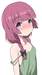 Rule 34 | 1girl, black bow, blunt bangs, blush, bocchi the rock!, bow, braid, breasts, closed mouth, collarbone, dress, earrings, fang, fang out, female focus, green dress, hair bow, hair over shoulder, halulu, highres, hiroi kikuri, jewelry, long hair, looking at viewer, low-braided long hair, low-tied long hair, purple eyes, purple hair, simple background, single braid, single earring, small breasts, smile, solo, split mouth, strap slip, stud earrings, upper body, white background