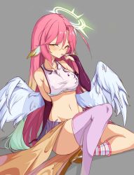 Rule 34 | 1girl, ahoge, angel wings, asymmetrical legwear, bare shoulders, breasts, bridal gauntlets, collarbone, spiked halo, crop top, feathered wings, gradient hair, grey background, groin, half-closed eyes, halo, highres, jibril (no game no life), kkry99, large breasts, long hair, looking at viewer, midriff, multicolored hair, navel, no game no life, orange eyes, pink hair, revealing clothes, shirt, simple background, single thighhigh, sitting, sleeveless, sleeveless shirt, socks, solo, stomach, thighhighs, uneven eyes, uneven legwear, very long hair, white shirt, wings